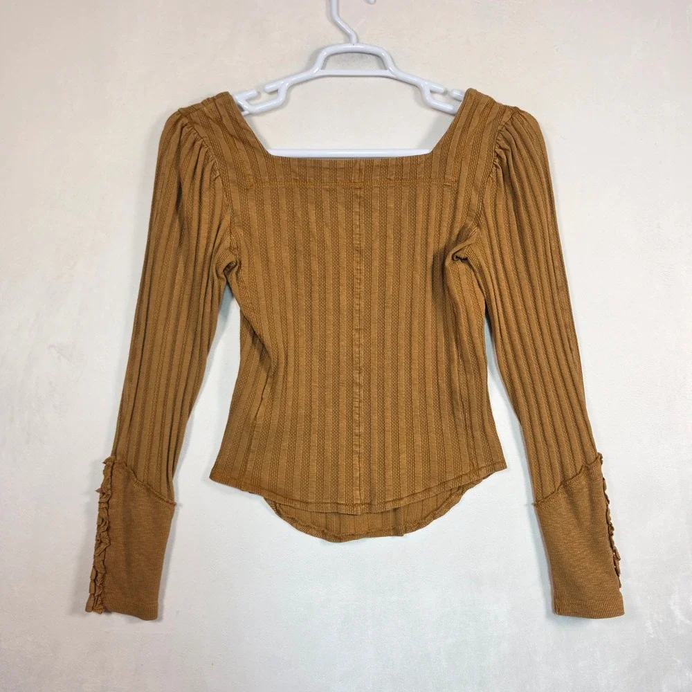 Free People Ribbed Top Women's Small Brown Cottagecore Puff Sleeve